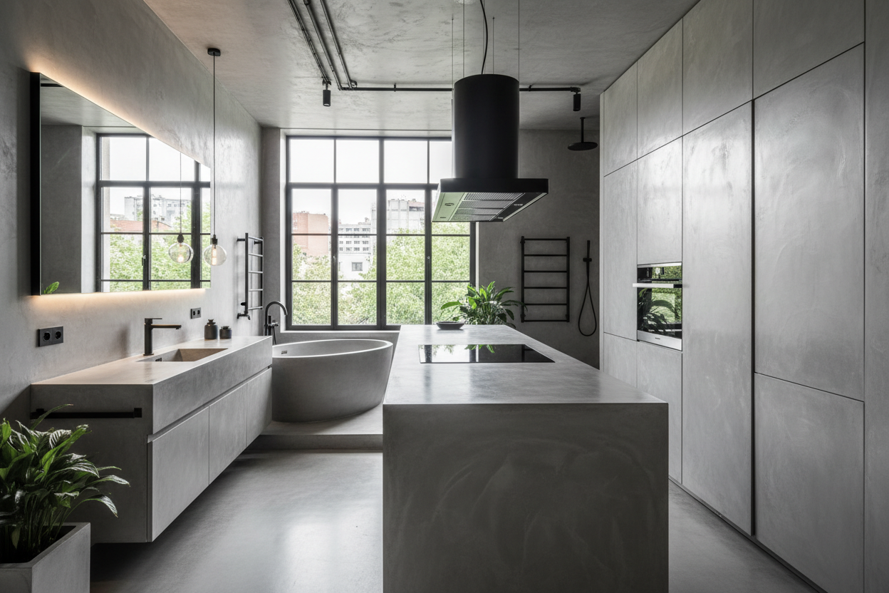 Cuisine et Salle de Bain : Plans de Travail et Meubles en Béton Ciré pour un Style Brut