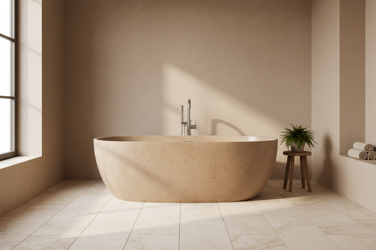 Baignoire en Béton Ciré : L’Élégance Minérale dans Votre Salle de Bain Beige