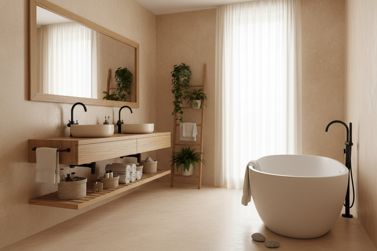Envie d'une Salle de Bain Chaleureuse ? Découvrez le Secret du Béton Ciré Beige Associé au Bois